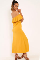Mustard Bardot Frill Button Front Midi Dress - Clancy