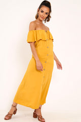 Mustard Bardot Frill Button Front Midi Dress - Clancy