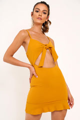 Mustard Tie Front Ruffle Hem Mini Dress - Darianna