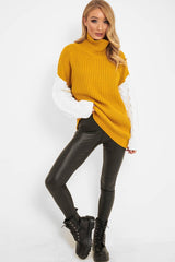 Mustard Cable Knit Colour Block Jumper - Evren