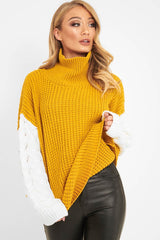Mustard Cable Knit Colour Block Jumper - Evren