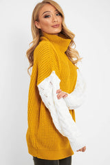 Mustard Cable Knit Colour Block Jumper - Evren