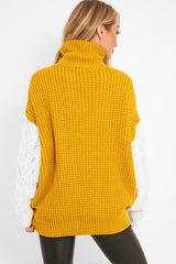 Mustard Cable Knit Colour Block Jumper - Evren