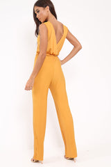 Mustard Slinky Plunge Wide Leg Jumpsuit - Fergie