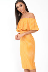 Mustard Pinstripe Frill Bardot Bodycon Midi Dress -Jovey