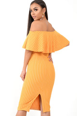 Mustard Pinstripe Frill Bardot Bodycon Midi Dress -Jovey