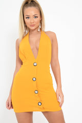 Mustard Halter Plunge Button Detail Mini Dress - Khaira