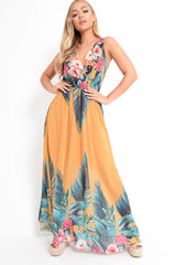 Mustard Chiffon Leaf Print Plunge Maxi Dress - Marlin