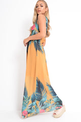 Mustard Chiffon Leaf Print Plunge Maxi Dress - Marlin