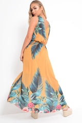 Mustard Chiffon Leaf Print Plunge Maxi Dress - Marlin