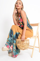 Mustard Chiffon Leaf Print Plunge Maxi Dress - Marlin