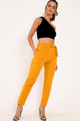 Mustard Tapered Belted Cigarette Trousers - Myasia