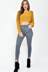 Mustard Chunky Knit V Back Crop Jumper - Priscilla