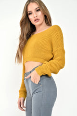Mustard Chunky Knit V Back Crop Jumper - Priscilla