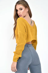 Mustard Chunky Knit V Back Crop Jumper - Priscilla