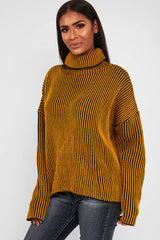 Mustard Ottoman Rib Roll Neck Jumper - Renee