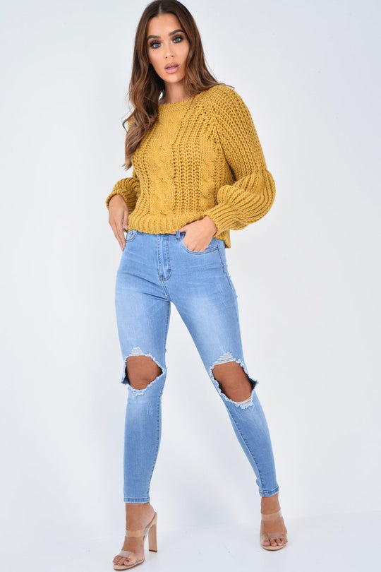 Mustard Chunky Knit Balloon Sleeve Jumper - Rielynn