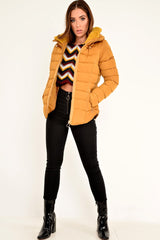 Mustard Fur Lined Ring Pull Puffer Coat - Riko