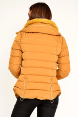 Mustard Fur Lined Ring Pull Puffer Coat - Riko