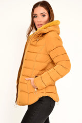 Mustard Fur Lined Ring Pull Puffer Coat - Riko