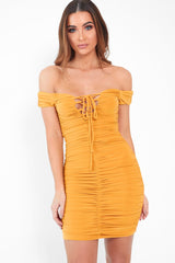 Mustard Ruched Slinky Lace Up Dress - Rosina