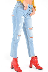 Light Wash Distressed Bum Rip Mom Jeans - Issi