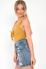 Mustard Rib Plunge Tie Front Bodysuit - Ryver