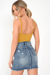 Mustard Rib Plunge Tie Front Bodysuit - Ryver