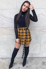 Mustard Check Button Front Pleated Skirt - Laela