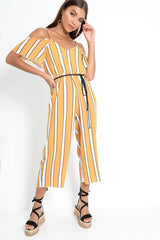Mustard White and Black Stripe Bardot Jumpsuit - Bonita