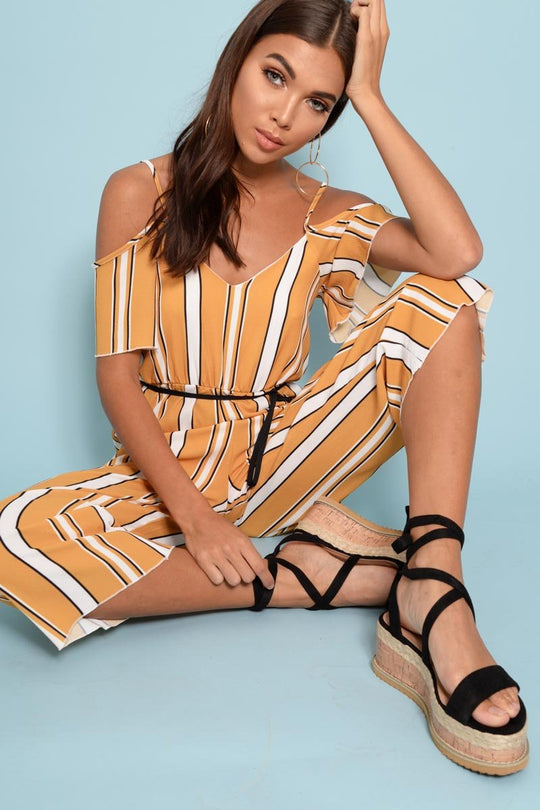 Mustard White and Black Stripe Bardot Jumpsuit - Bonita