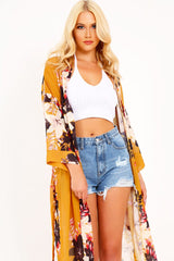 Mustard Chiffon Floral Kimono - Suriah