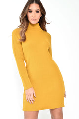 Mustard Rib Bodycon Turtle Neck Mini Dress - Tesia