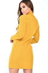Mustard Rib Bodycon Turtle Neck Mini Dress - Tesia