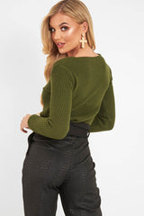 Khaki Twist Front Knit Jumper - Pollyanna