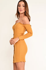 Mustard Rib Bardot Button Down Mini Dress - Janora