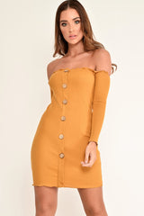 Mustard Rib Bardot Button Down Mini Dress - Janora