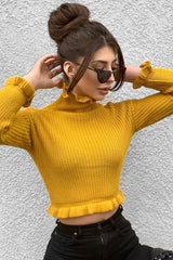 Mustard Ruffle Hem Chunky Knit Crop Jumper - Alannah