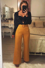 Mustard Tailored Wide Leg Belted Trousers - Chenelle