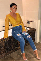 Mustard Plunge Lace Crochet Long Sleeved Bodysuit - Edyn