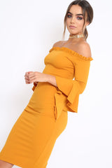 Mustard Bardot Frill Crop Top with Flared Sleeves - Tiffy