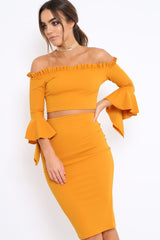 Mustard Bardot Frill Crop Top with Flared Sleeves - Tiffy