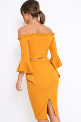 Mustard Bardot Frill Crop Top with Flared Sleeves - Tiffy
