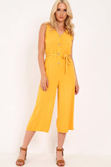 Mustard Sleeveless Button Down Culotte Jumpsuit - Kalanni