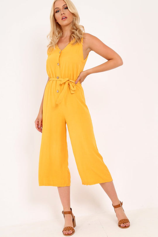 Mustard Sleeveless Button Down Culotte Jumpsuit - Kalanni