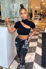 Washed Black Slogan Ripped Knee Mom Jeans - Carla