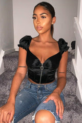 Black Satin Milkmaid Ring Zip Crop Top - Aariel