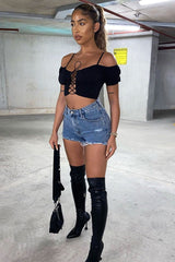 Black Bardot Milkmaid Lace Up Crop Top - Abigail