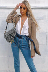 Light Wash Eyelet Belted Paper Bag Mom Jeans - Myli