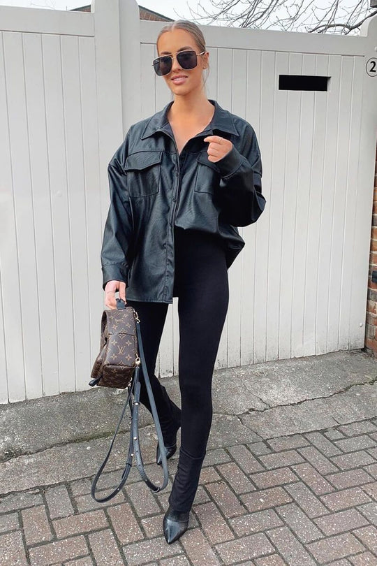 Black Faux Leather Shacket - Leiyah